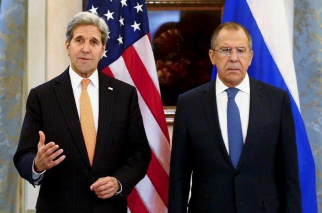 Russia's Foreign Minister Lavrov and U.S. Secretary of State Kerry address the media in Vienna