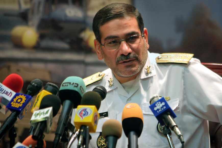 Iranian outgoing Defence Minister Shamkhani speaks during news conference at Defence Ministry in Tehran.